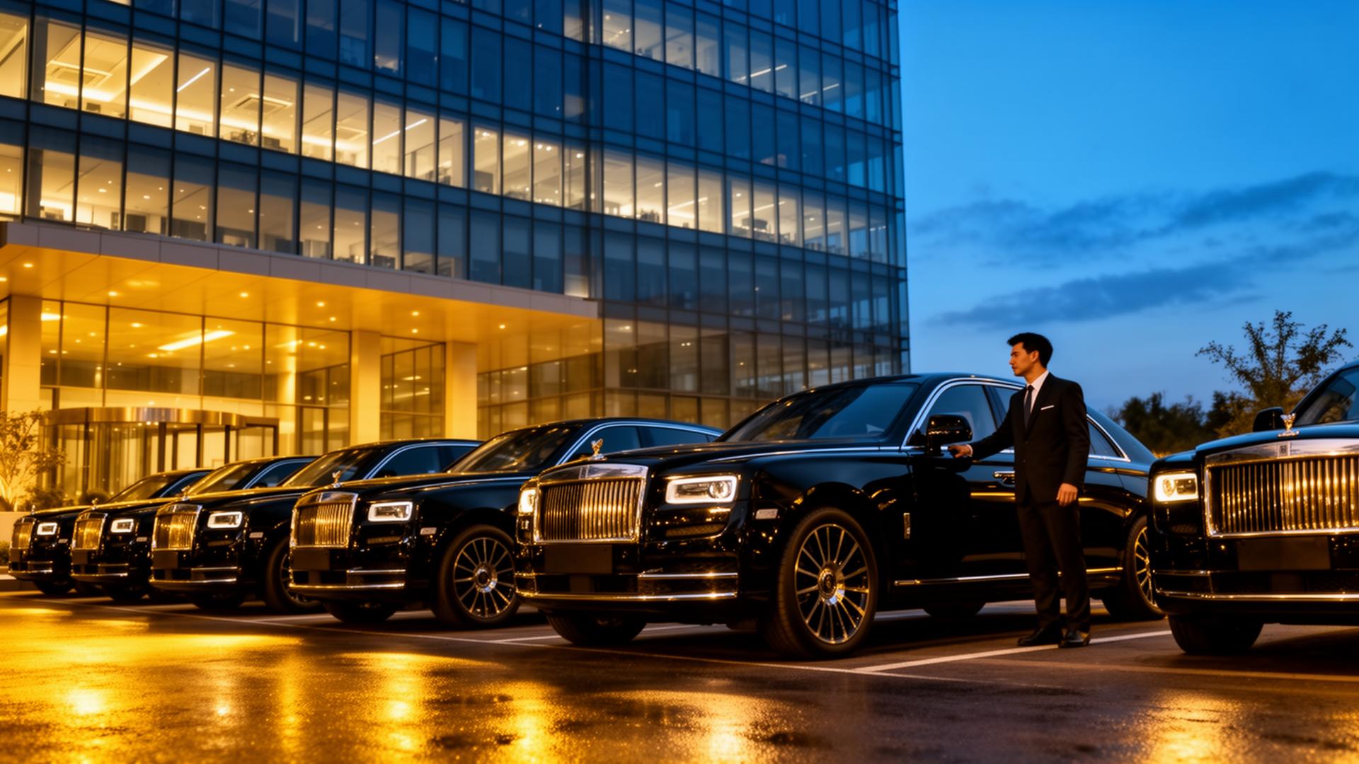 ConveyPlus chauffeur fleet outside a corporate office tower at dusk